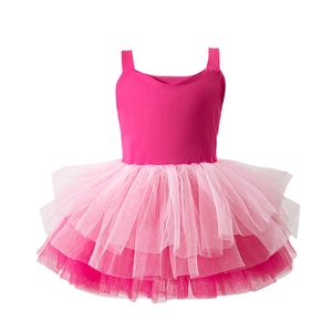 Close-up of pink girls' ballet tutu dress with tiered mesh layers and elastic cotton bodice