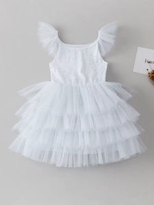 Robe de princesse blanche pour fille avec tutu en tulle à paillettes et manches volantées