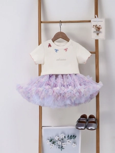 Girls Summer Cotton T-Shirt and Rainbow Mesh Tutu Skirt Set Bow Embroidery Lettuce Edge Short Sleeve Top Princess Outfit