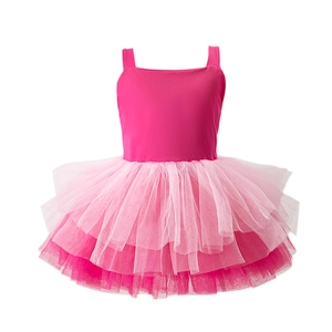 Detail of pink girls ballet tutu dress featuring layered mesh skirt and sleeveless bodice