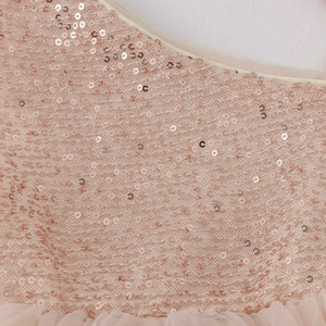 Detailed view of champagne pink dress featuring shimmering sequins and layered soft tulle mesh