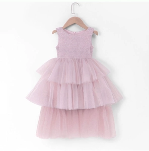Detail of pink sleeveless tulle layered cake dress for girls with back zipper closure