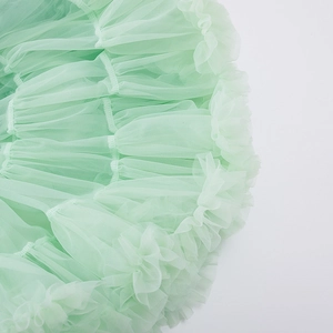 Close-up of mint green layered mesh tutu skirt showing fine ruffles and pleated textures