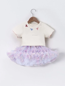 Girls' white short-sleeve T-shirt with rainbow tutu skirt and bow embroidery set