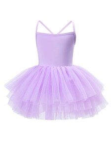 Purple girls ballet tutu dress with crisscross straps and layered mesh skirt on white backdrop