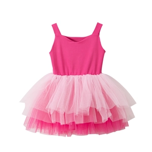 Detailed view of layered pink mesh tutu skirt on a girl's ballet dance dress