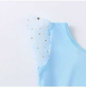Détail du juste-au-corps de ballet bleu clair avec manches en tulle étoiles dorées