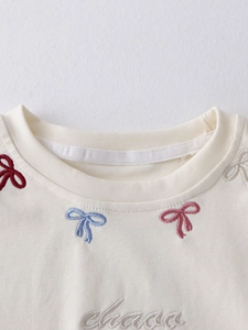 Girls cream t-shirt with colorful bow embroidery and rainbow tutu skirt set
