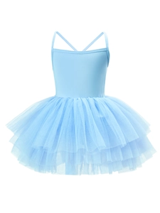 Light blue girls' ballet tutu dress with tiered mesh skirt and crisscross back straps