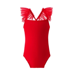 Détail du justaucorps de ballet rouge pour filles avec volants en tulle et dos croisé