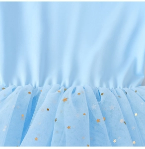Détails de robe de ballet bleu clair avec sequins étoiles dorées sur jupe en tulle