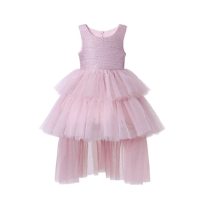 Detail of pink girls princess dress featuring sequined bodice and tiered tulle skirt layers