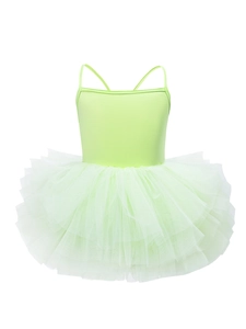 Lime green girls' ballet tutu leotard with multi-layered fluffy mesh skirt on white background