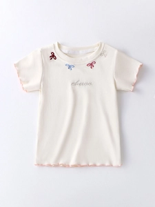 Girls cream short sleeve T-shirt with bow embroidery and pink lettuce edge trim