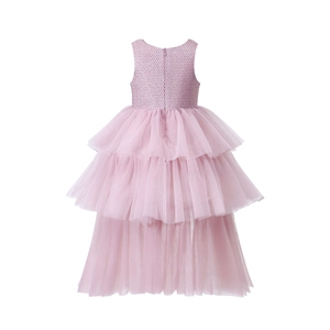 Rear view of pink girls' dress with sparkling sequin bodice and layered tulle cake skirt
