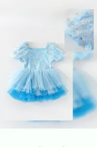 Detail of light blue girls' ballet dress with floral print and layered tulle skirt