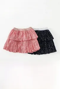 Detail of pink and black sequin tiered tutu skirts for girls with elastic waistbands
