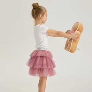 Detailed side view of girls tiered pink tulle tutu skirt with glitter belt and sequins