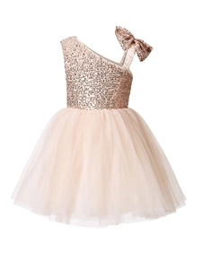 Girls Sequin Tulle Princess Dress One Shoulder Bow Flower Girl Formal Ceremony Party Wedding Tutu Gown Kids Clothing