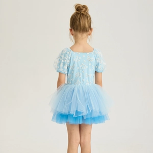 Detail of light blue girls' ballet dress with floral print and layered tulle puff skirt