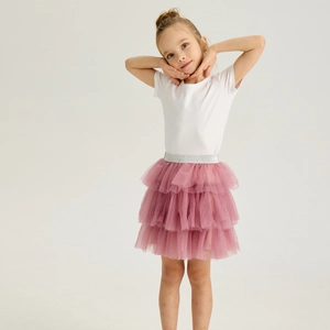 Detail of multi-layered pink tulle tutu skirt with sparkling dots and silver elastic waistband