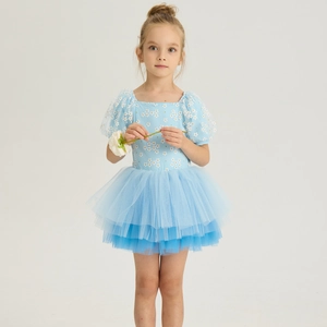 Detail of light blue girls ballet dress with daisy print and layered tulle tutu skirt
