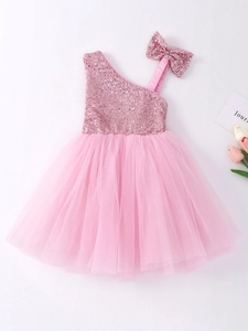 Pink sequin flower girl dress with one-shoulder bow and fluffy mesh tutu skirt for parties
