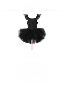 Detail of black ballet leotard featuring layered tulle skirt and rhinestone chest accents