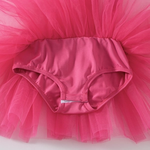Detail of pink ballet tutu showing multi-layer mesh fabric and leotard lining