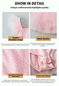 Detail view of pink ballet tutu showing elastic straps, rhinestones and snap crotch