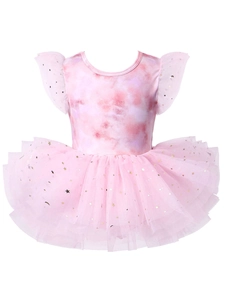 Robe Tutu de Ballet pour Petites Filles Tie-dye Nœud Dos Nu Vêtement de Danse Paillettes Étoile Lune Maille Tulle Princesse