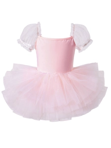 Abito Tutù da Balletto per Bambine Body da Danza con Maniche a Sbuffo Fiocco Senza Schienale Vestito da Principessa per Feste
