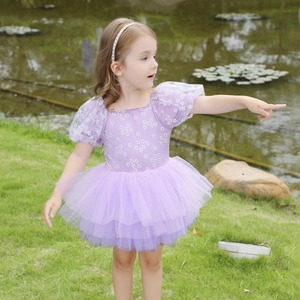Detail of girls' purple ballet dress featuring floral bodice and sheer puff sleeves