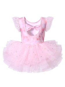 Robe tutu de ballet tie-dye rose pour filles avec nœud et paillettes étoiles dorées