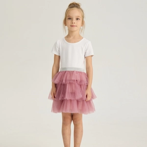 Detail of multi-layered pink tulle tutu skirt with sparkling glitter and silver waist band