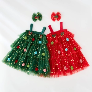 Toddler Christmas tutu dress detail with colorful pom-poms and gold star sequins