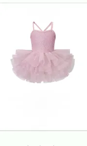 Close-up of pink ballet tutu for girls with sequined bodice and cross straps back