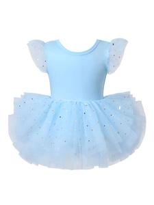 Robe de ballet bleu ciel pour enfants avec jupe en tulle étoilé et mancherons
