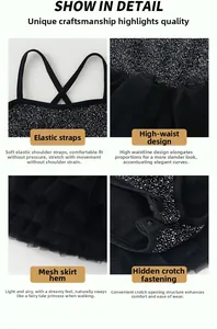 Detail view of sparkly black ballet leotard showing snap crotch and mesh tutu skirt