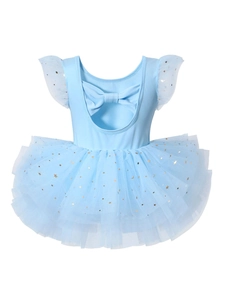 Robe de ballet bleu clair pour filles avec paillettes dorées et nœud papillon dans le dos