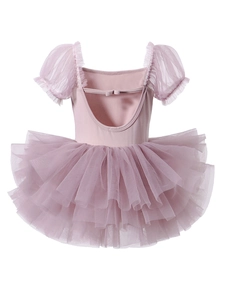 Abito tutù danza rosa per bambina con maniche a sbuffo, schiena nuda e gonna in tulle