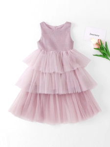 Elegant sleeveless layered tulle cake dress for girls in a soft dusty pink finish