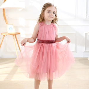 Detail of pink sleeveless tulle dress for girls featuring a red sequin waist belt