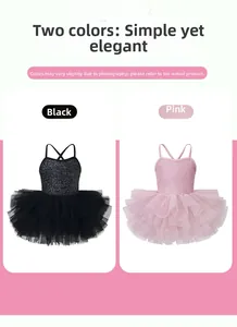 Detail of girls' ballet leotards in black and dusty pink with sequined bodice and tutu