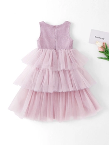 Pink sleeveless girls princess dress with layered tulle tutu skirt and textured bodice
