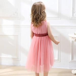 Detail of pink tulle layered girl's dress back with red glitter waistband accent