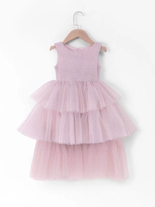 Elegant pink sleeveless layered tulle princess dress for girls with textured bodice