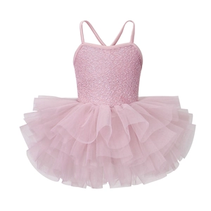 Close-up of pink girls ballet leotard with shimmering sequins and soft layered mesh tutu