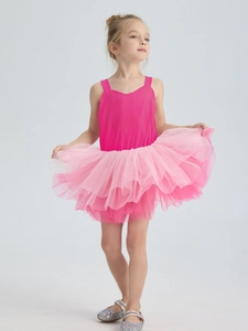 Girl's rose red ballet leotard with light pink layered tutu skirt and silver sequin shoes