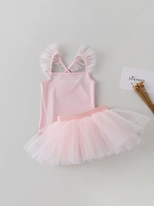 Justaucorps de ballet rose pour filles et ensemble jupe tutu avec bretelles à volants